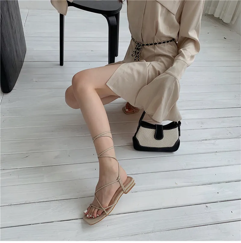 xiangtuibao Summer Women Sandal Fashion Square Toe Flats Heel Lace Up Gladiator Sandal Outdoor Dress Narrow Band Shoes