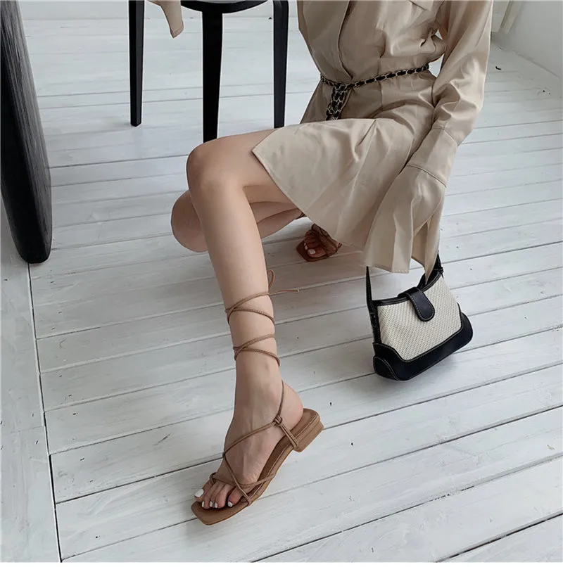 xiangtuibao Summer Women Sandal Fashion Square Toe Flats Heel Lace Up Gladiator Sandal Outdoor Dress Narrow Band Shoes