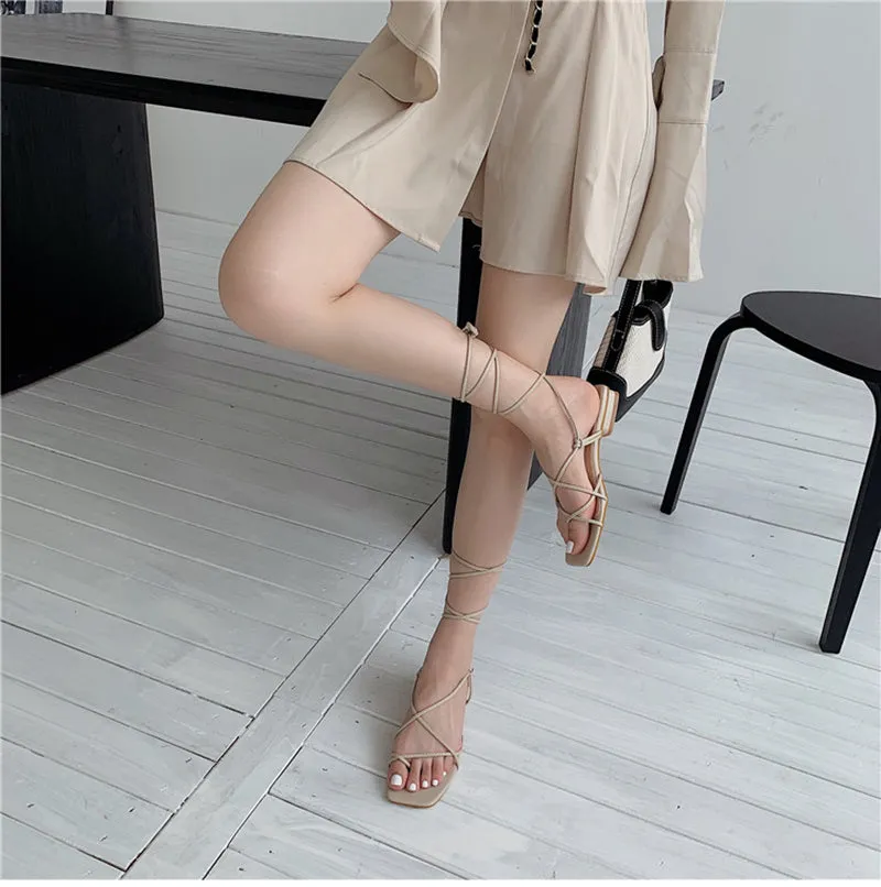 xiangtuibao Summer Women Sandal Fashion Square Toe Flats Heel Lace Up Gladiator Sandal Outdoor Dress Narrow Band Shoes