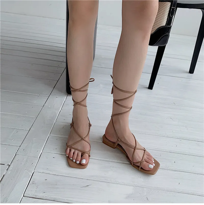 xiangtuibao Summer Women Sandal Fashion Square Toe Flats Heel Lace Up Gladiator Sandal Outdoor Dress Narrow Band Shoes